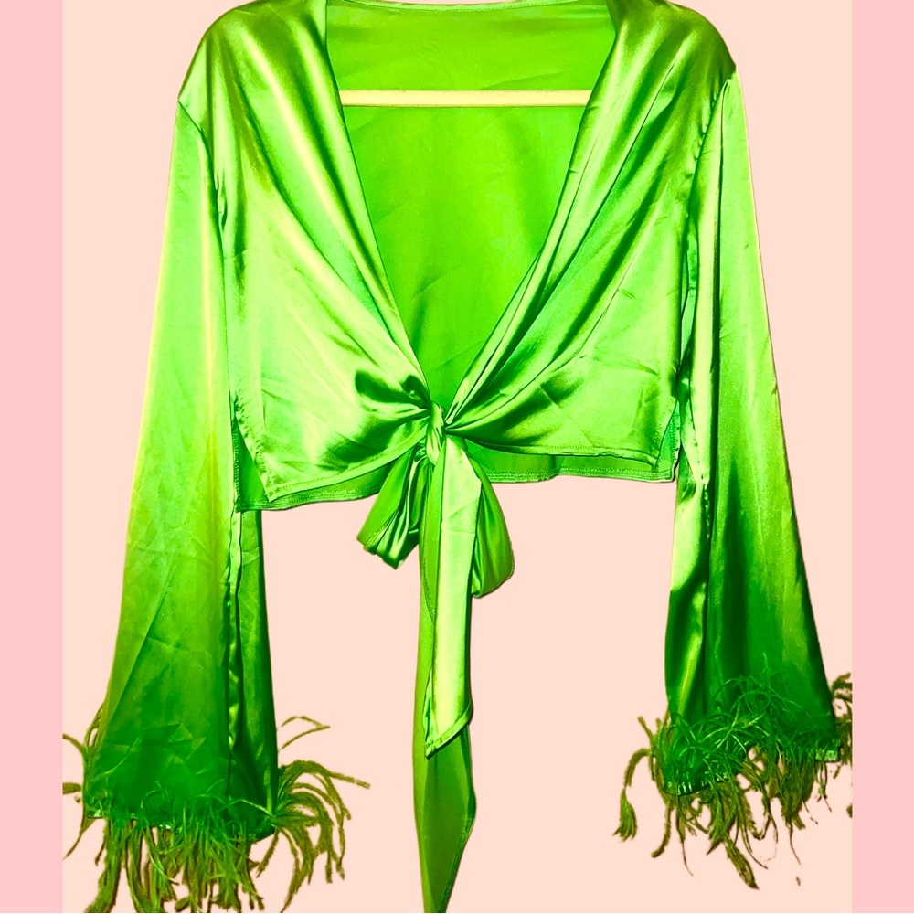 Neon Green Fearher Cuff Satiny Smooth Tie Front Top